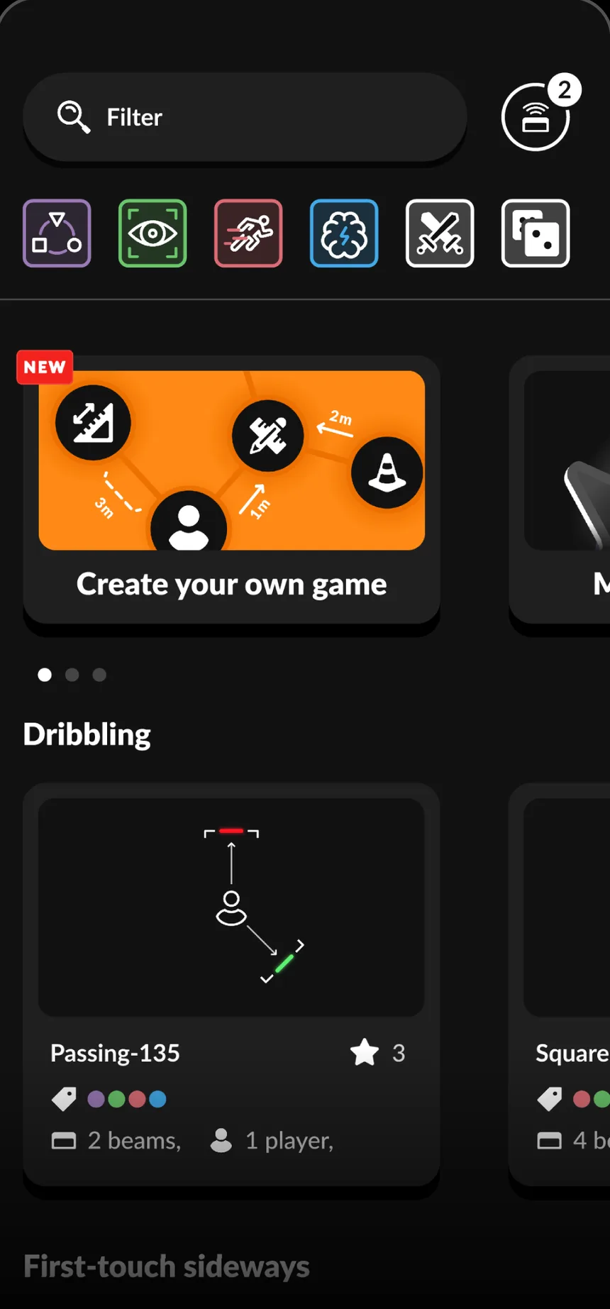 De gamecatalogus van de X-Skills-app met filters per skill en kaarten per challenge