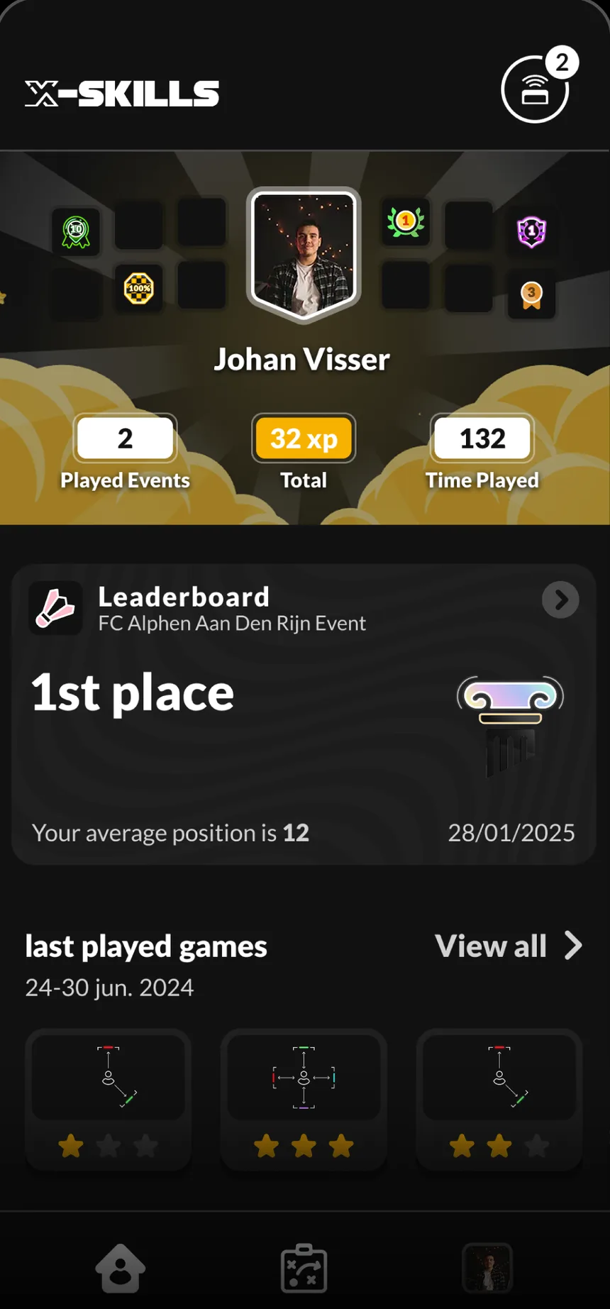 The X-Skills app home screen with XP, leaderboard position and the last games played